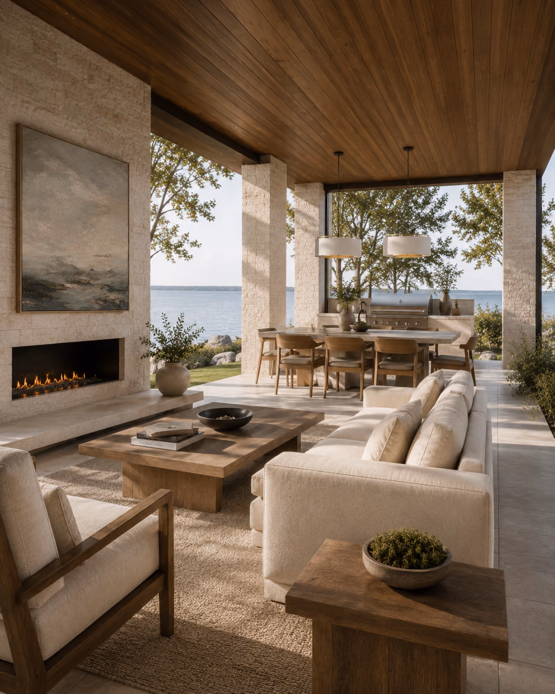 Lakefront covered patio adjoining the living room