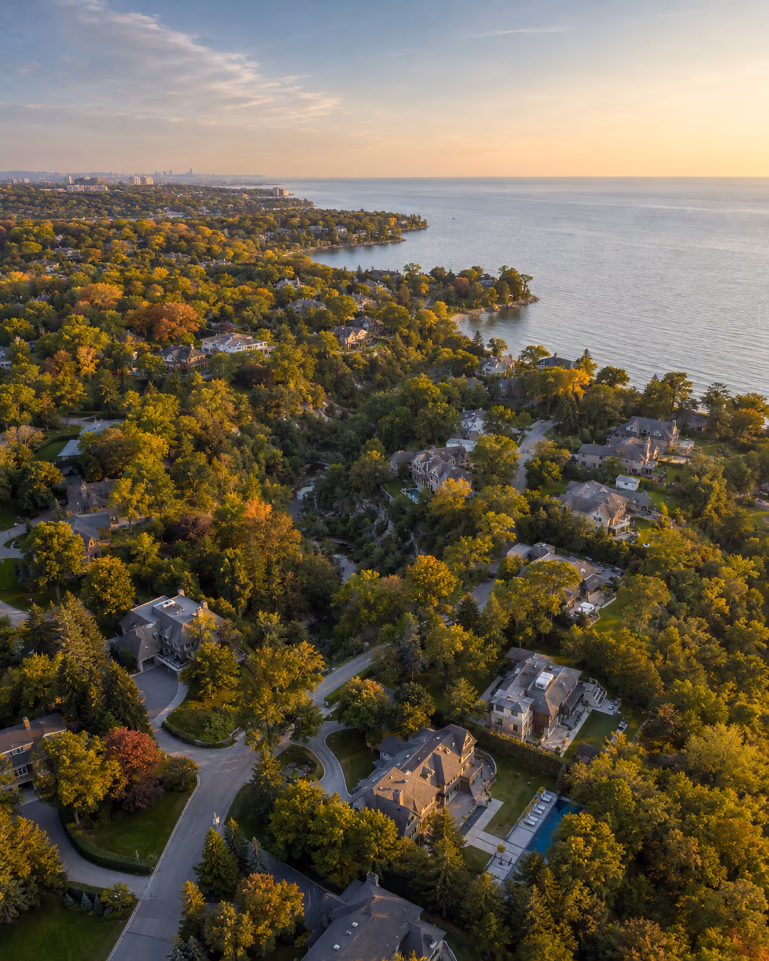Aerial view of Port Credit lakefront at sunset