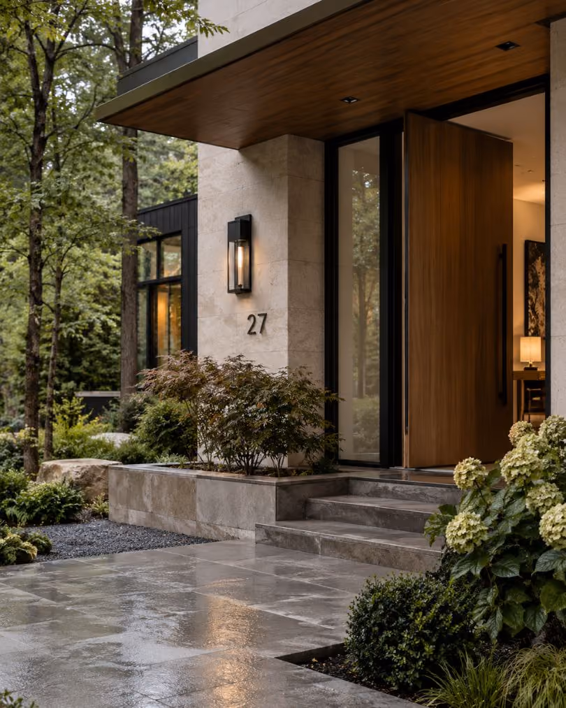 Modern home entrance with landscaped walkway