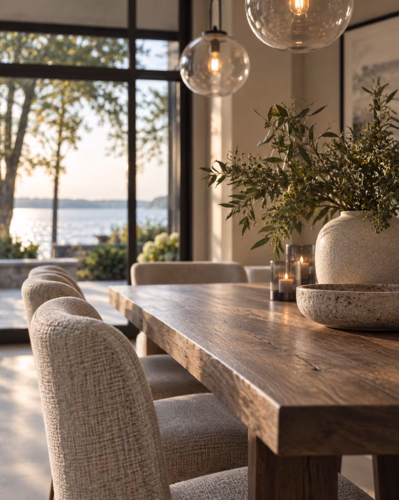 Styled dining table with rustic wood, greenery, and a lake view in the background