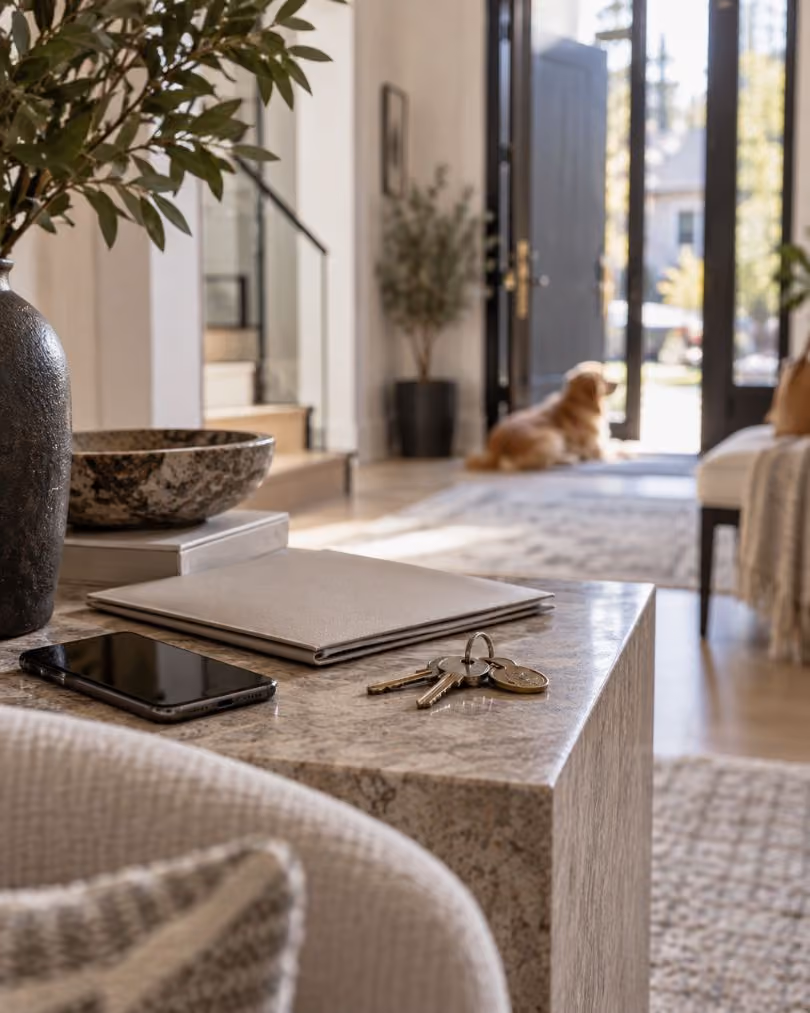 Entryway table with laptop and house keys, dog waiting by the open front door