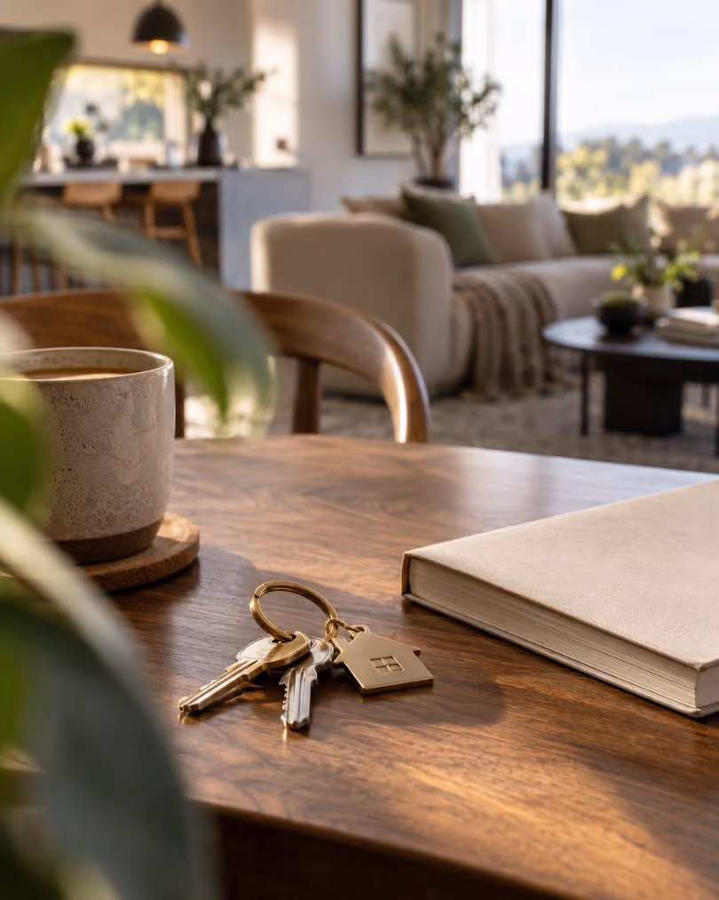 Coffee cup, keys, and notebook on a table in a bright living room