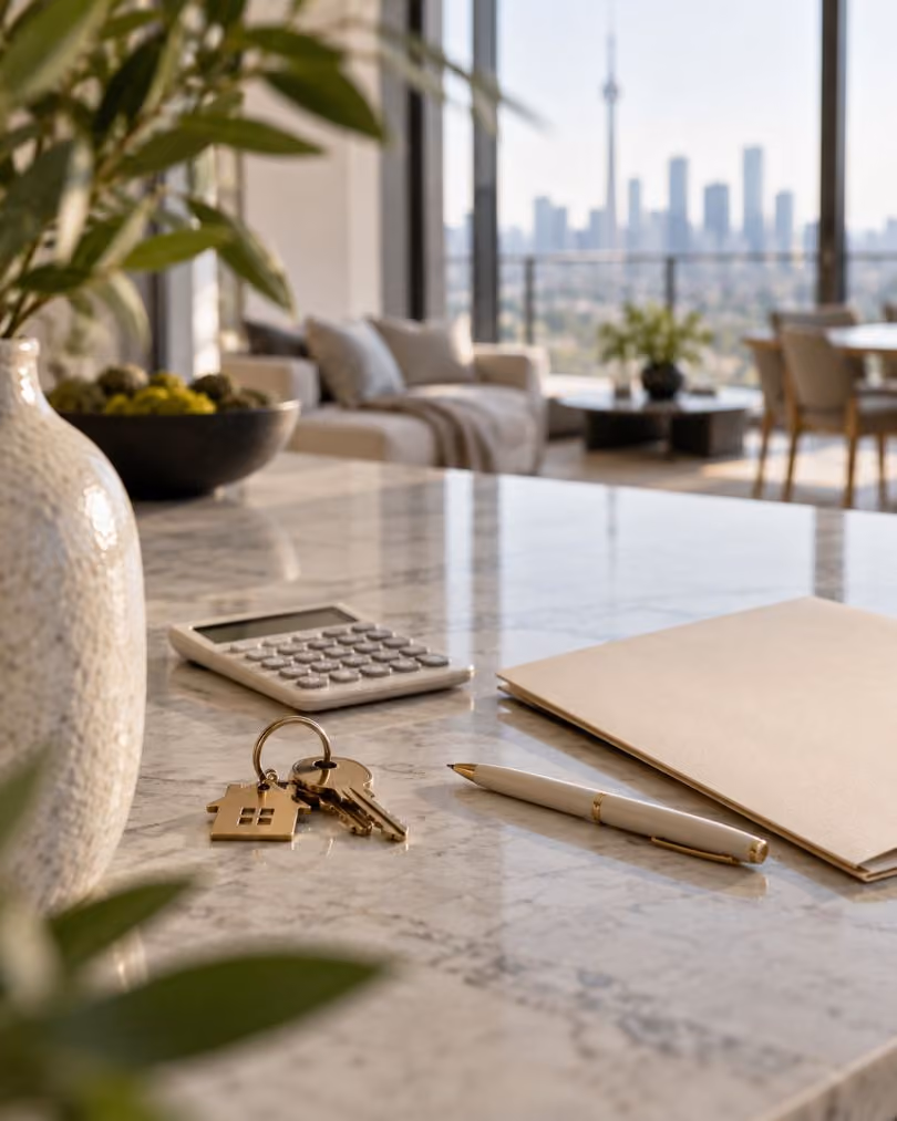 Condo countertop with calculator, house keys, and a Toronto skyline view