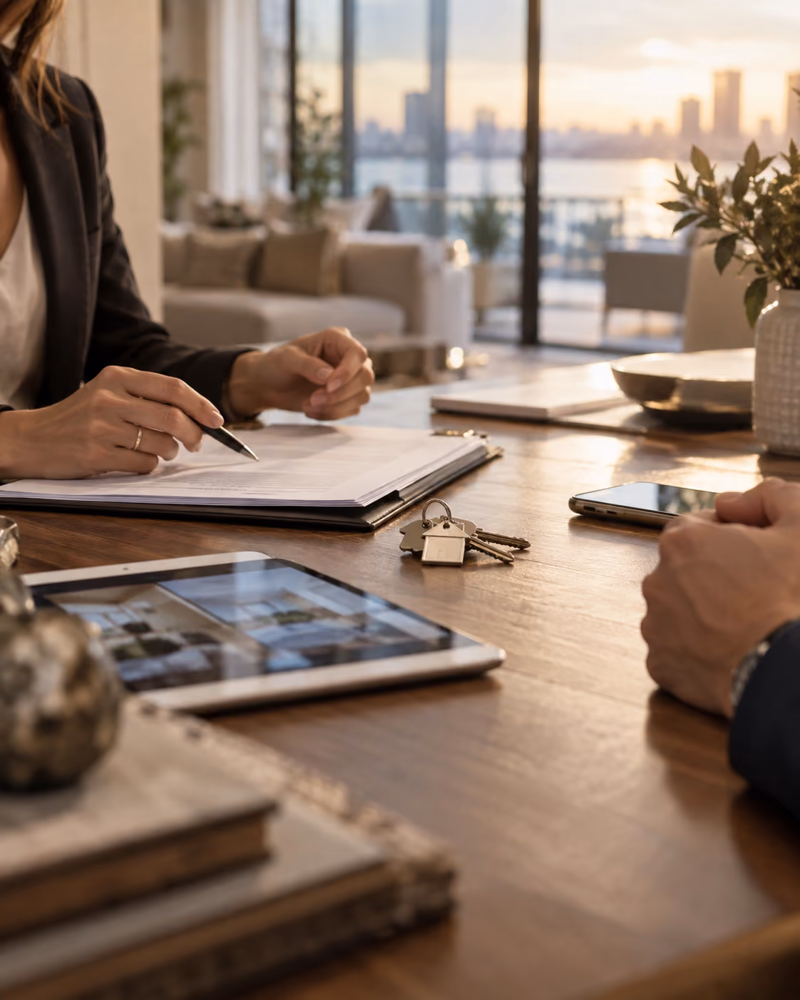Property manager reviewing documents with a city skyline view