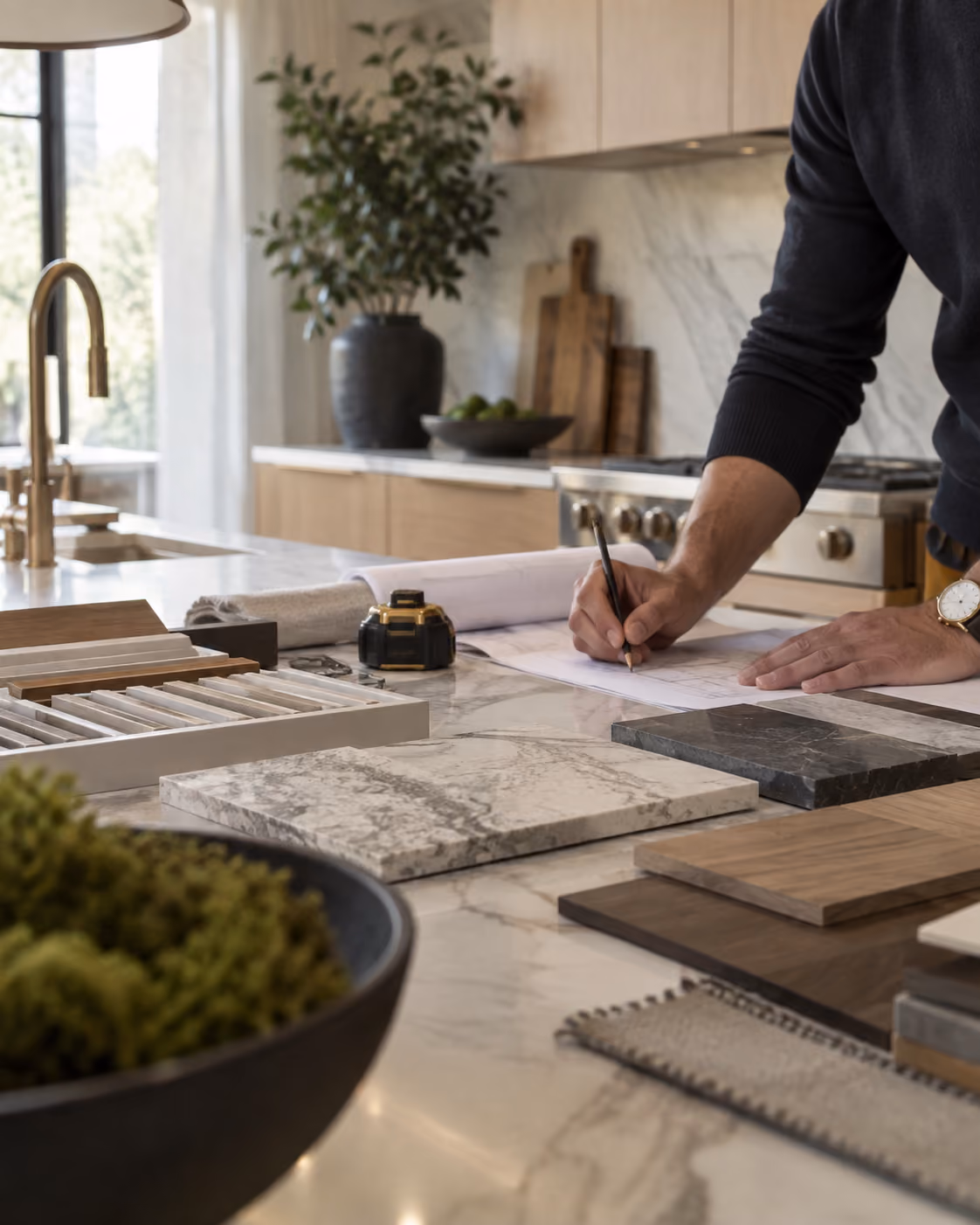 Contractor selecting countertop and cabinet finish samples in a kitchen