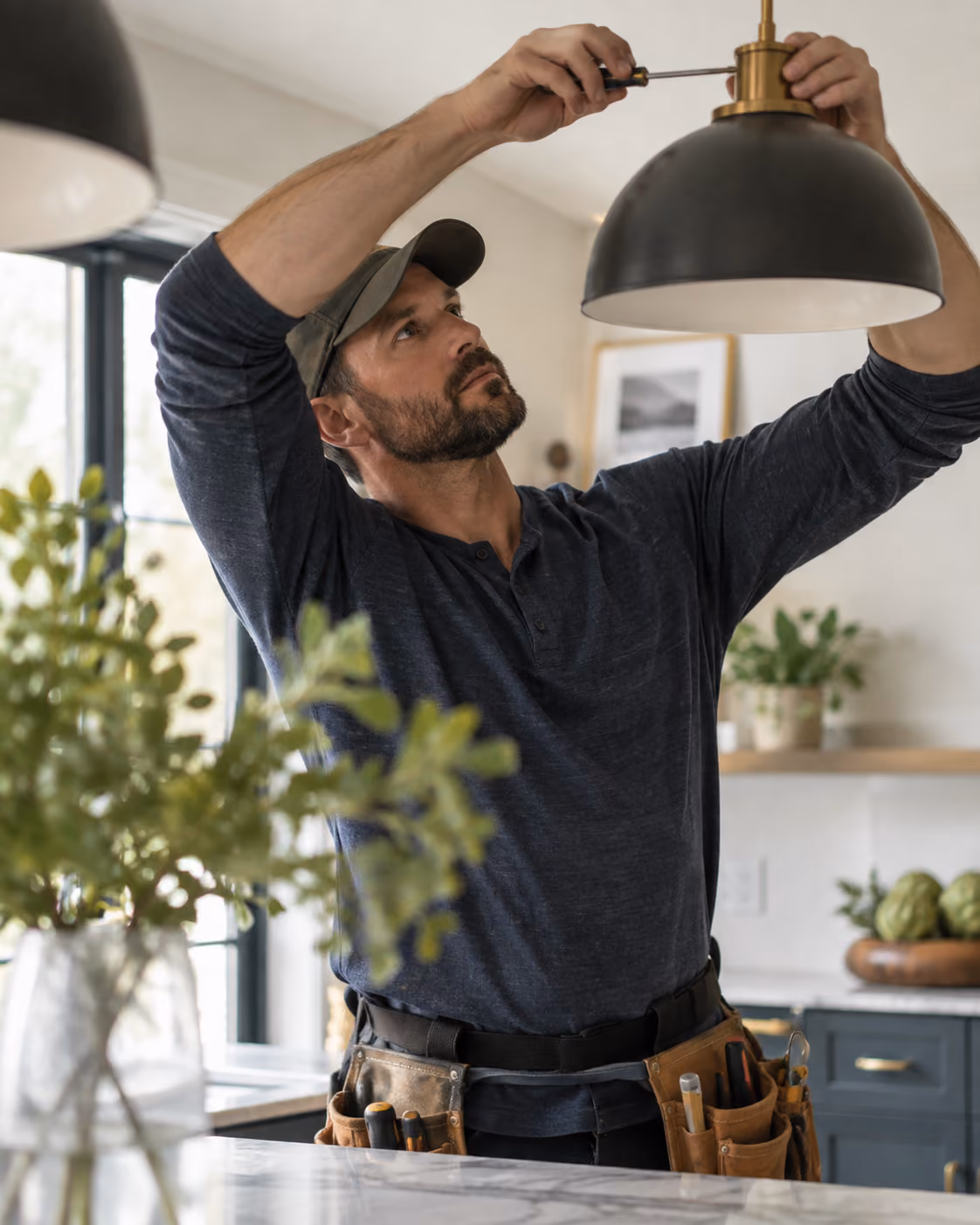 Handyman installing a pendant light fixture in a kitchen