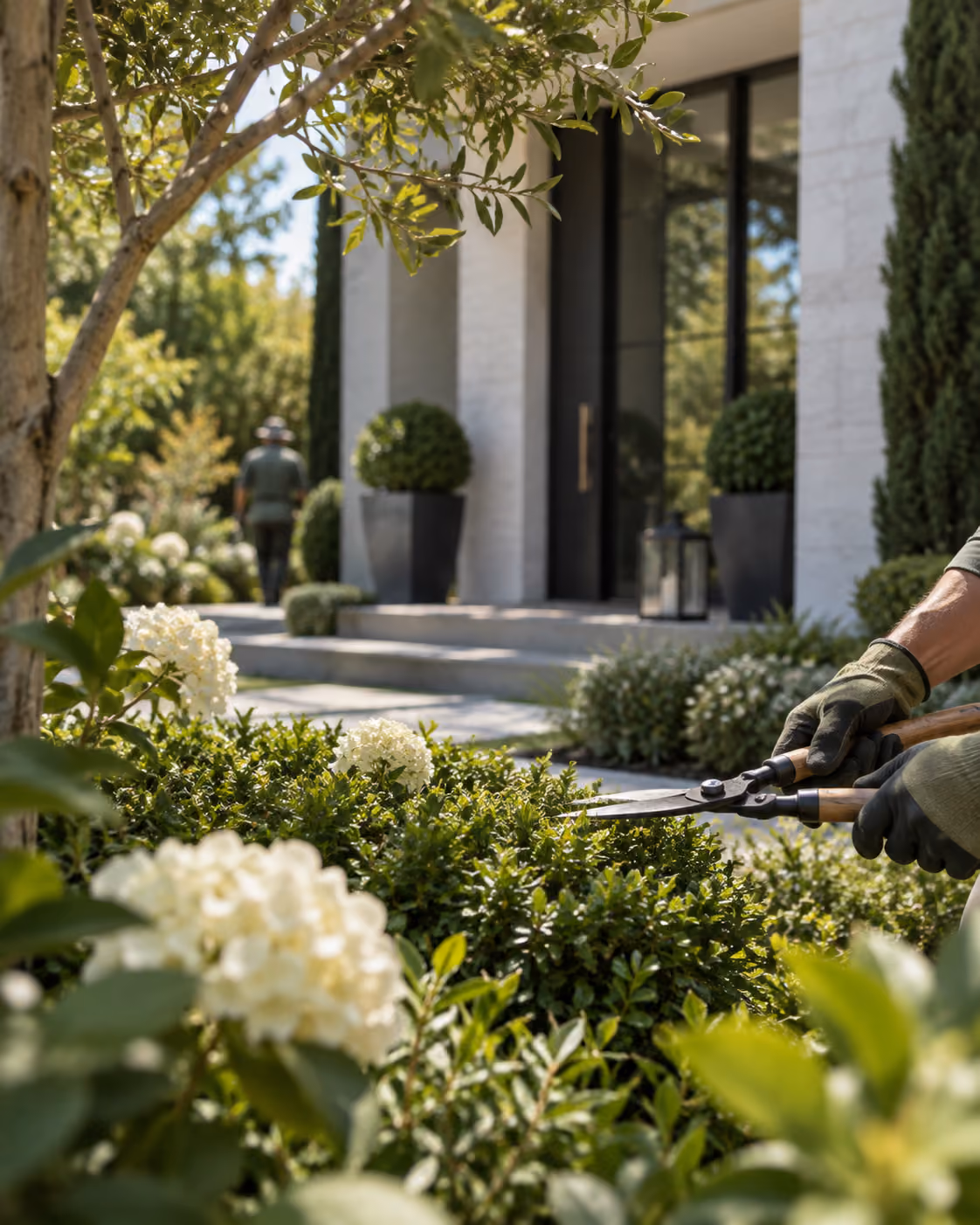 Landscaper trimming hedges in front of a modern home