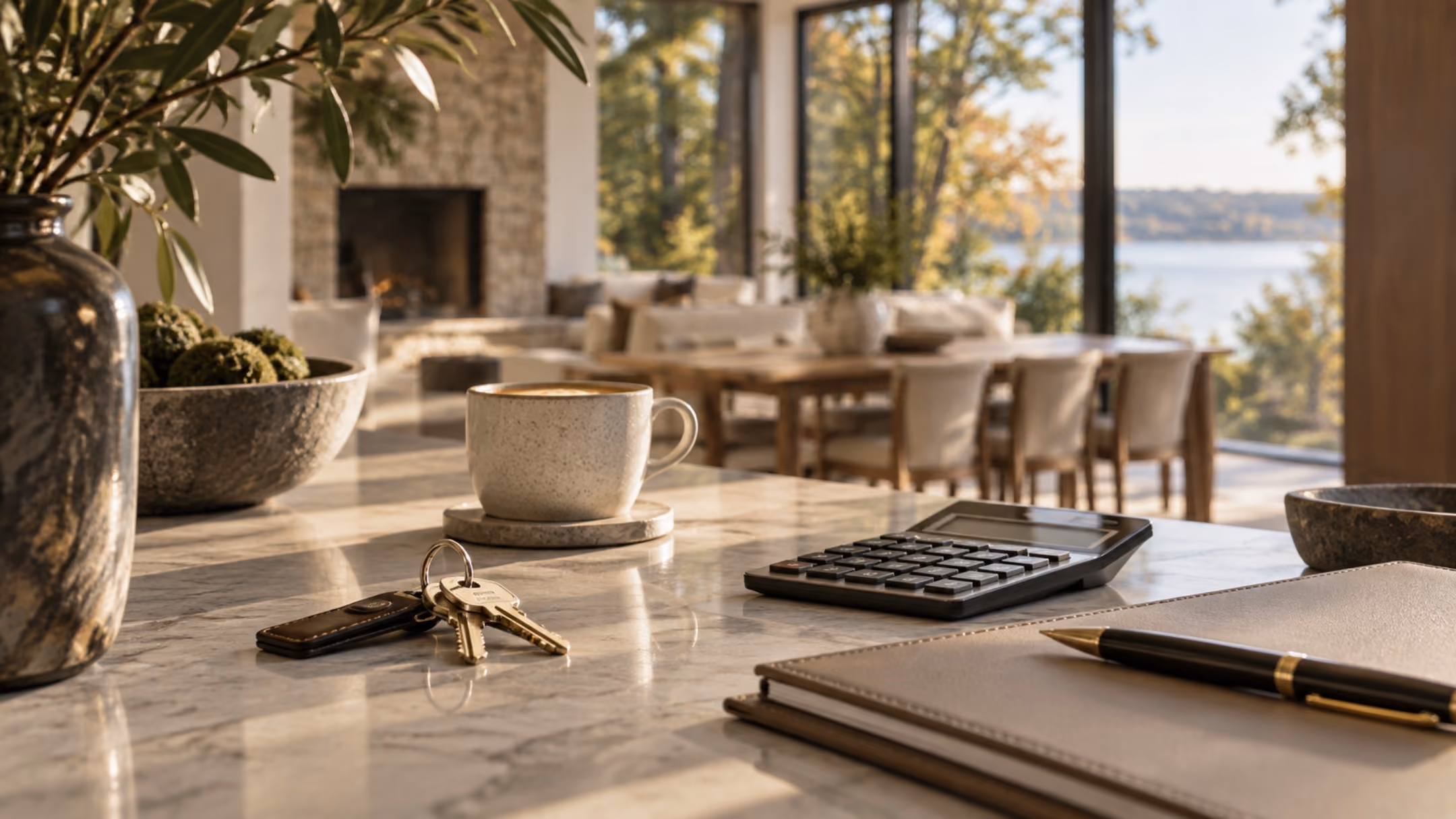 Coffee cup and house keys on a table with a lakefront living room in the background