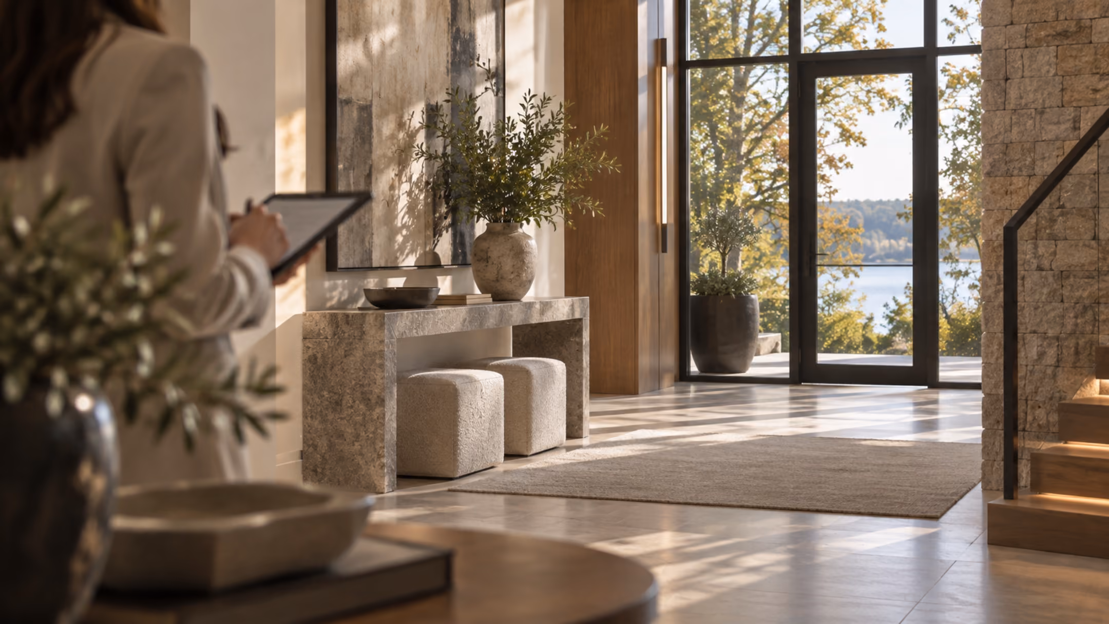 Home stager arranging decor in a bright entryway