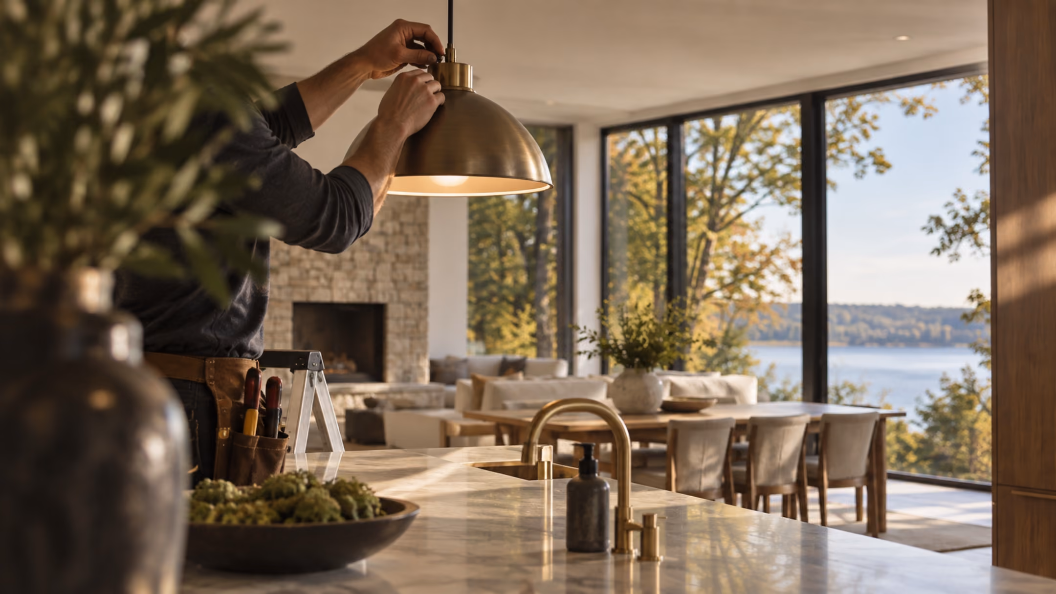 Man adjusting a pendant light fixture in a kitchen overlooking the lake