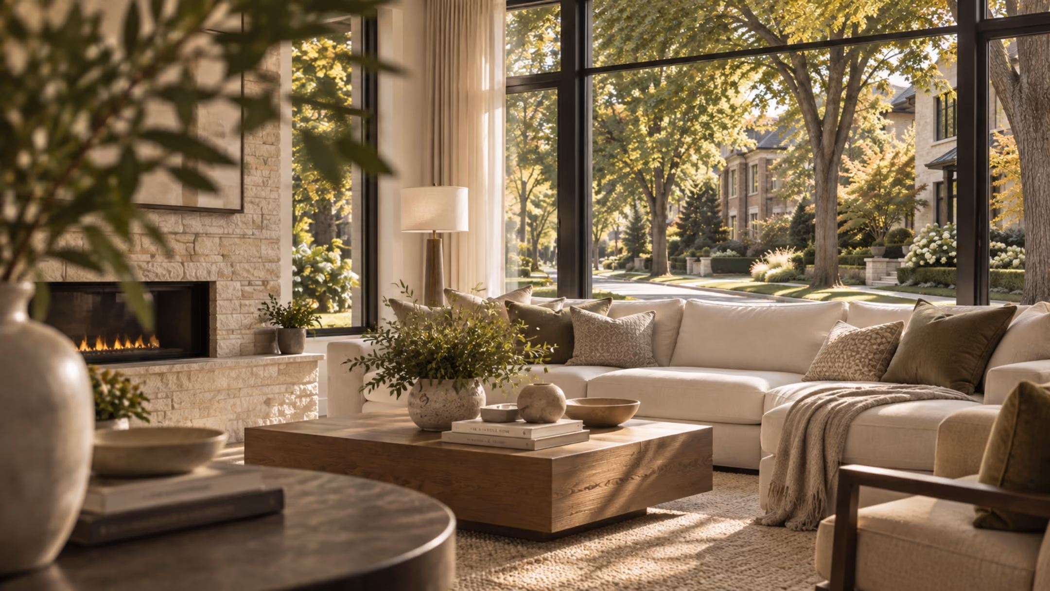 Bright living room with fireplace and street-facing windows
