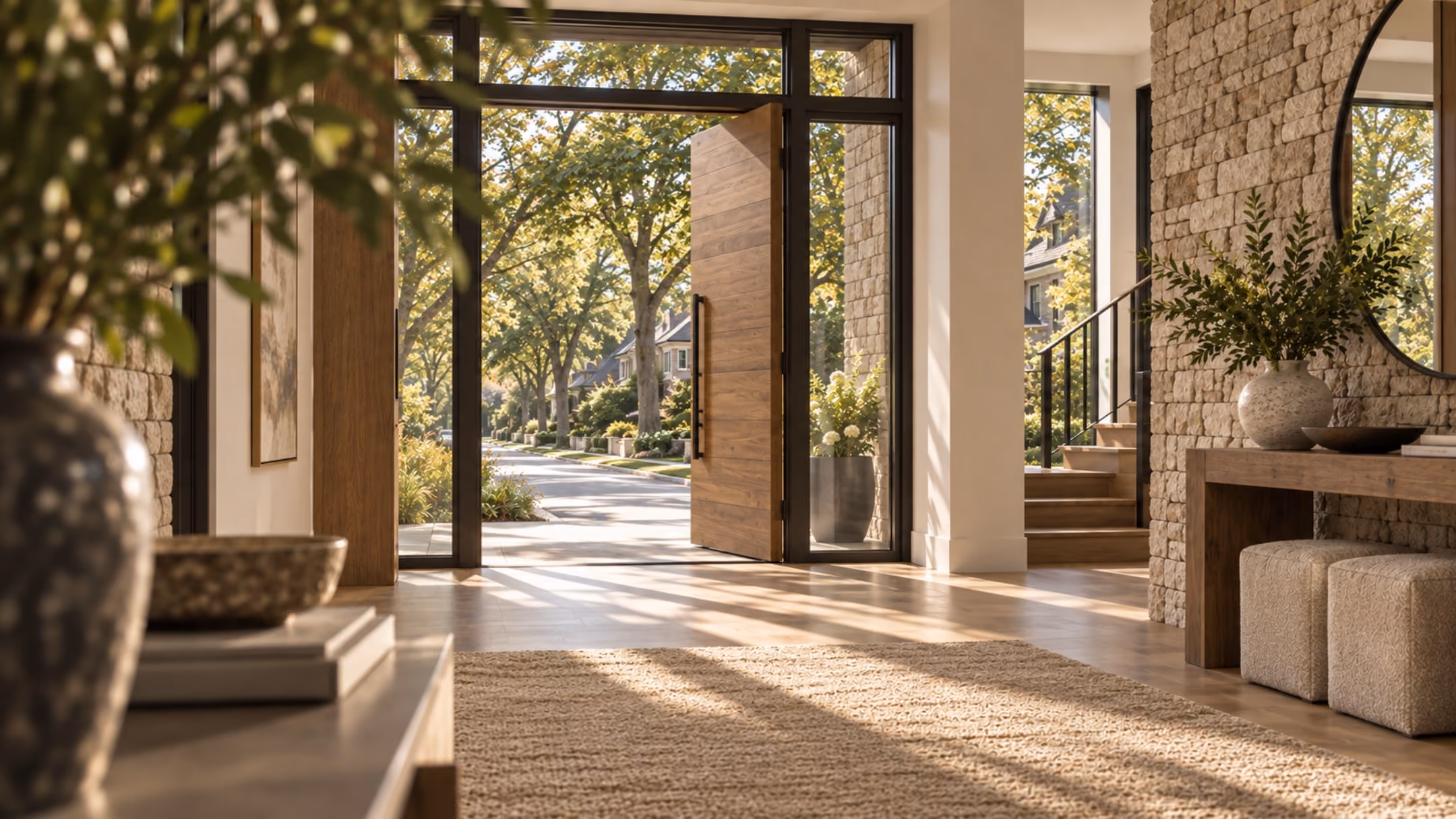Upscale home entryway with an open front door overlooking a tree-lined street