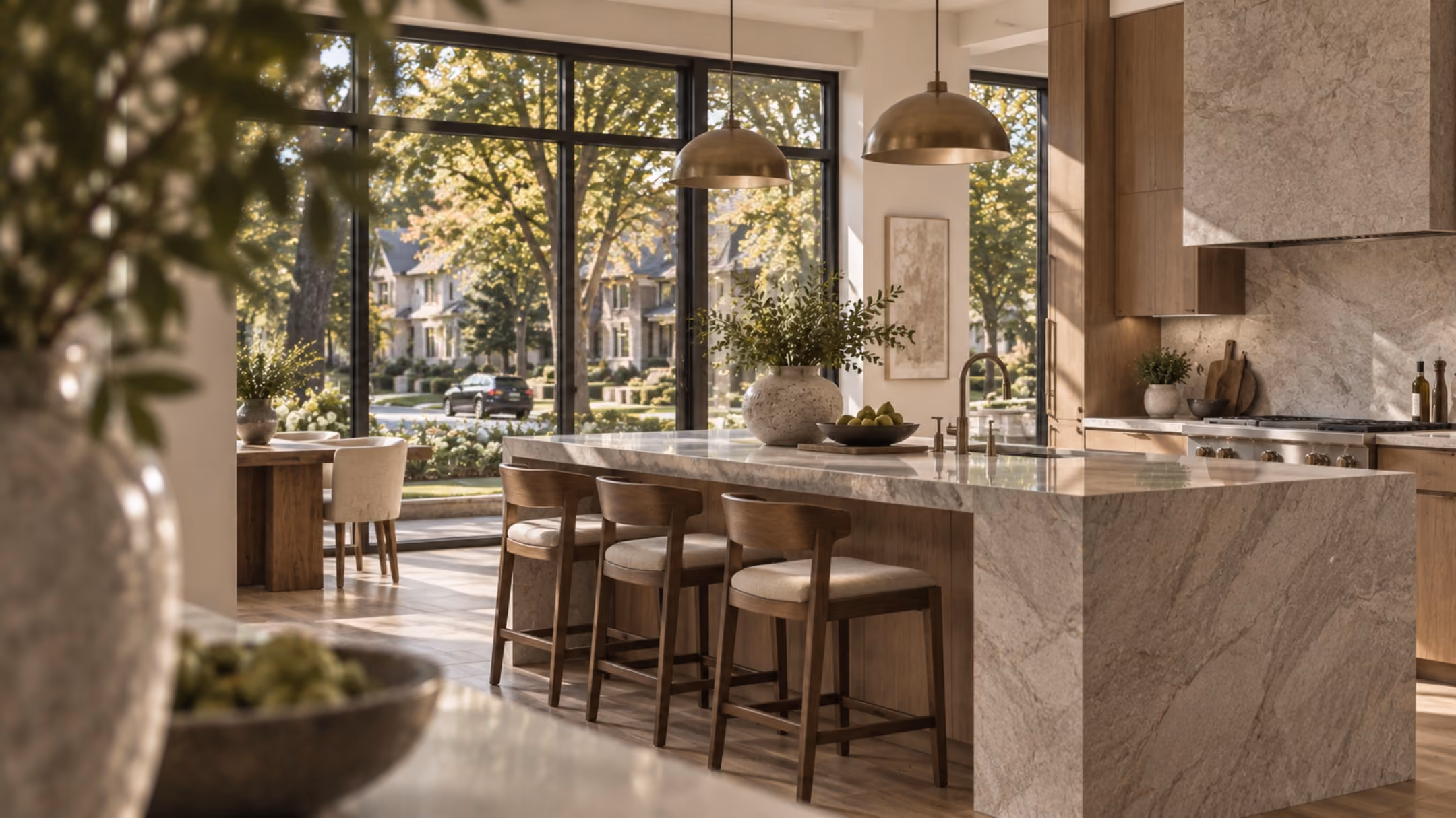 Open-concept kitchen with pendant lighting and a tree-lined street view