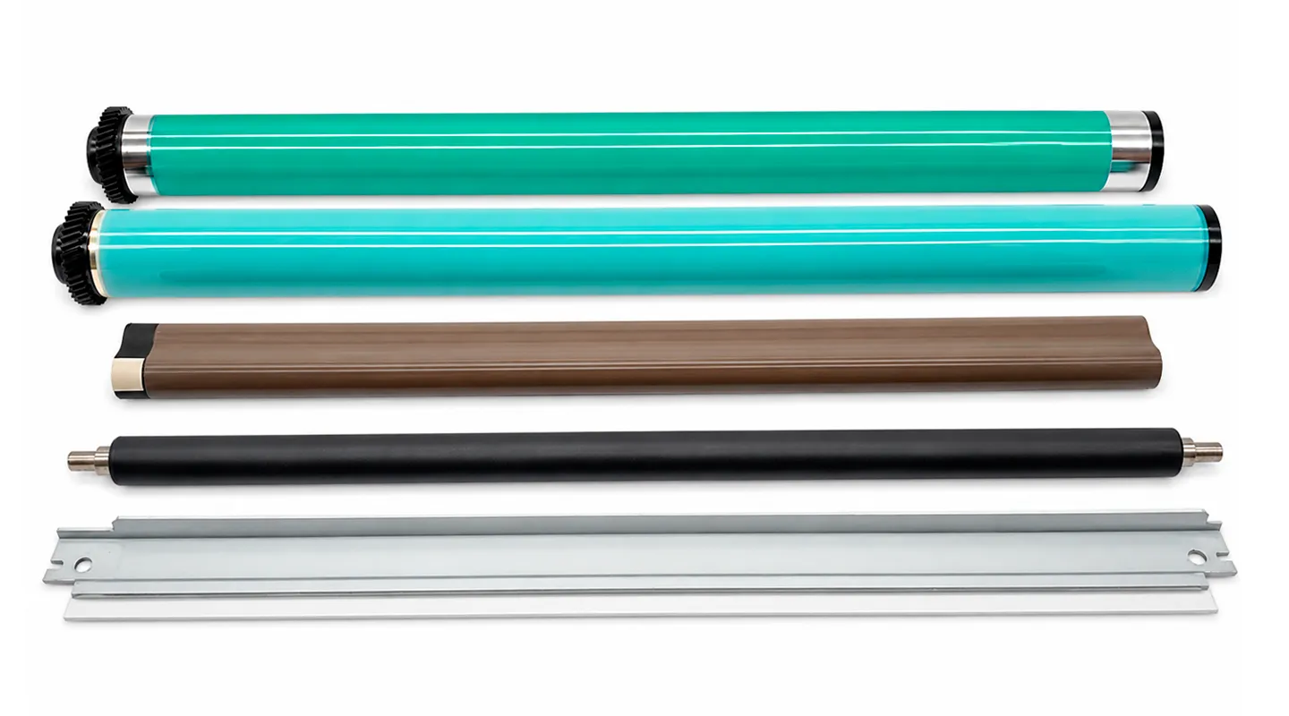 Printer and copier spare parts and refill supplies on a white background