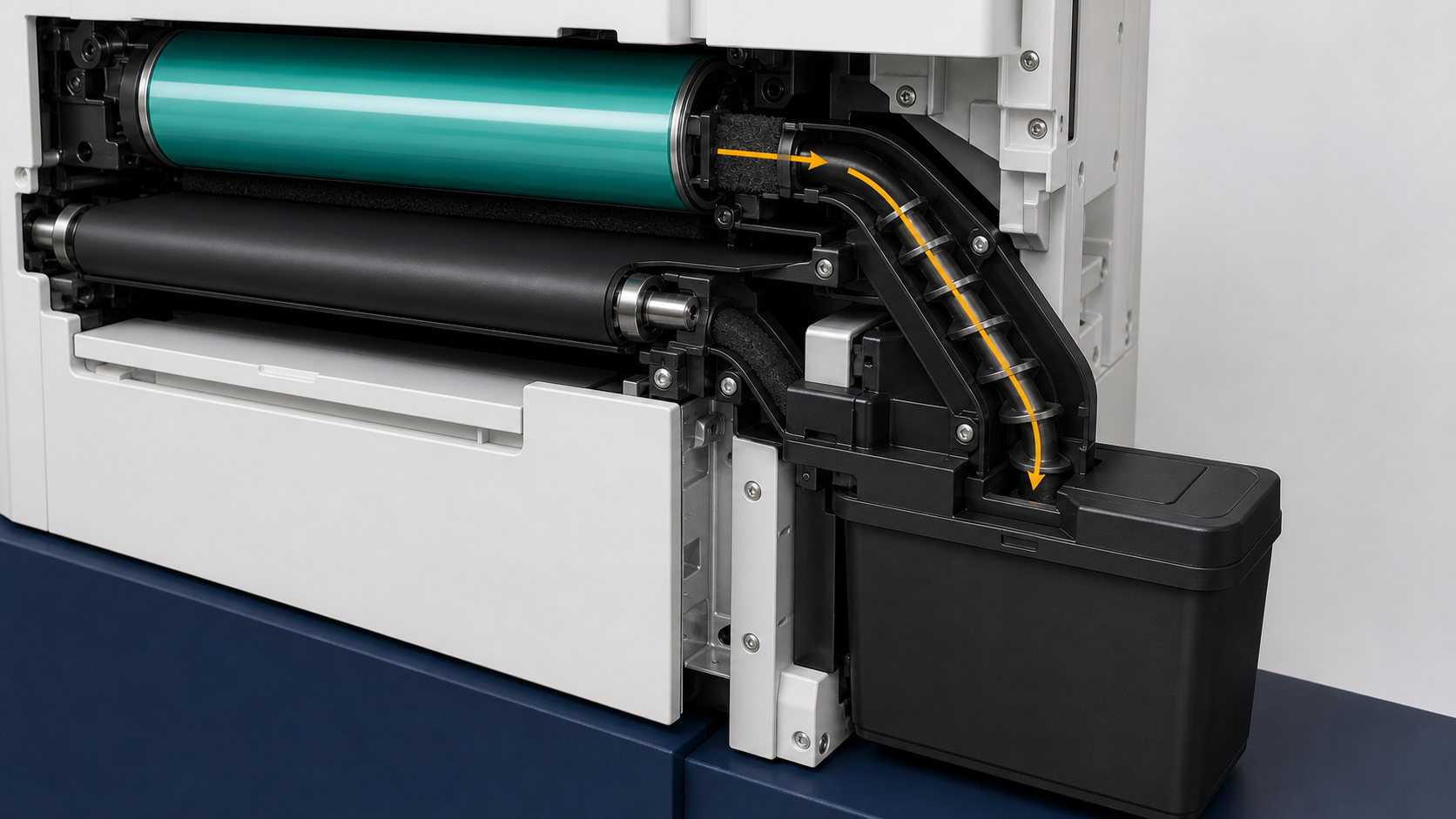 How Residual Toner Reaches the Waste Toner Container Cutaway diagram of residual toner moving from printer cleaning points through an auger into a waste toner container.