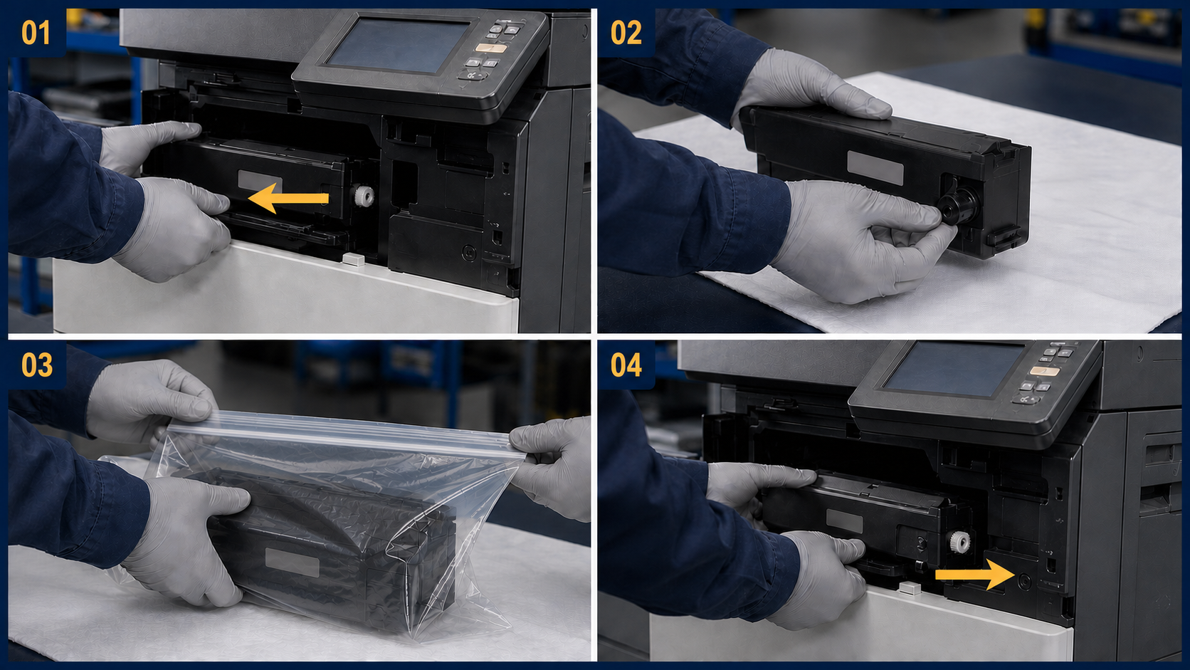 Safe Waste Toner Box Replacement Four panels show a gloved technician removing, capping, bagging, and installing a waste toner box.