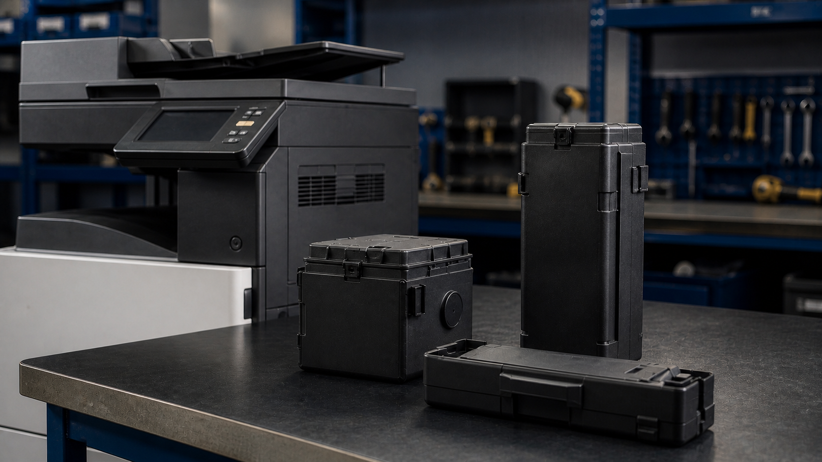 Three black waste toner container form factors beside a multifunction laser copier on a service bench.