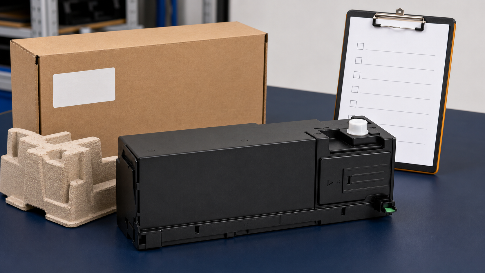 Waste Toner Box Compatibility and Buying Checklist Waste toner box beside a shipping carton, protective insert, and compatibility checklist.