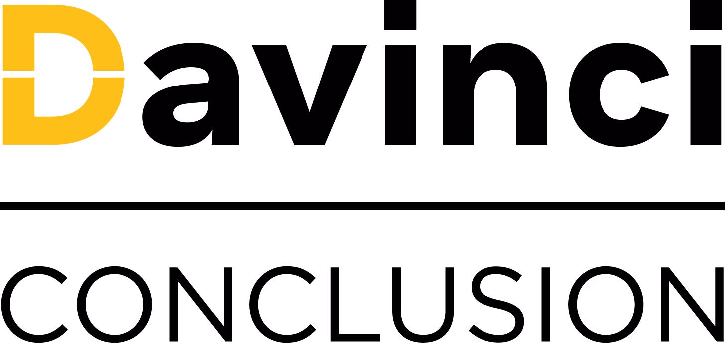 Da Vinci Conclusion-logo met een geel omlijnde D en zwarte tekst.