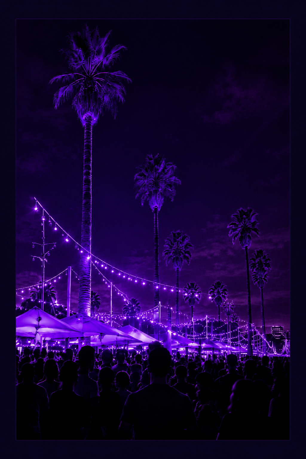 Saturday Mesa night market with purple lights and palm trees