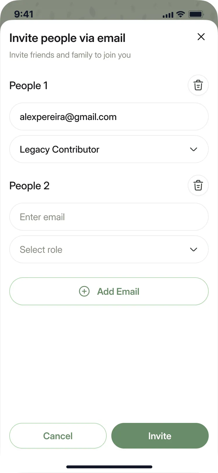 Mobile screen showing email invite form with one email entered and role set to Legacy Contributor.