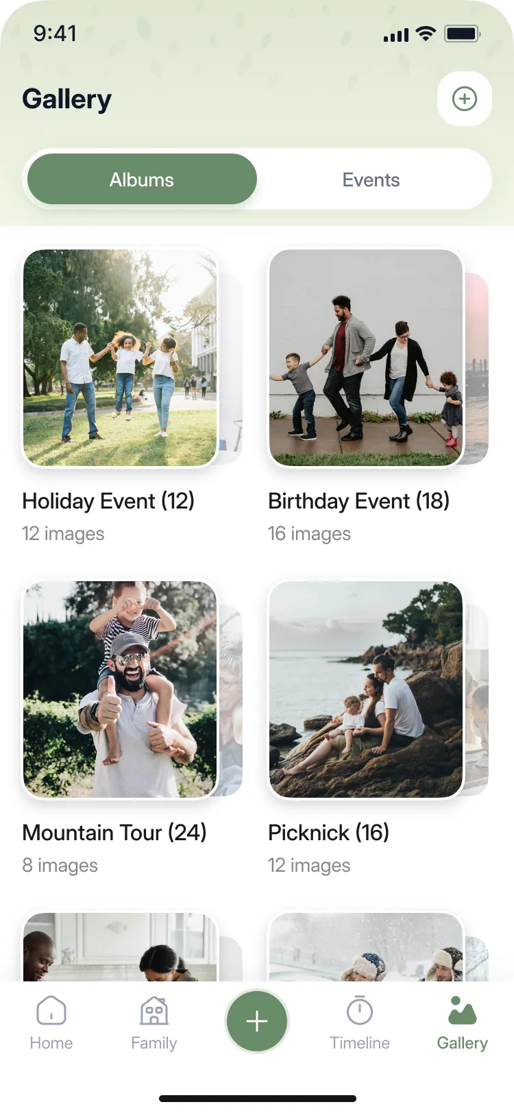 Mobile gallery screen with photo albums including Holiday Event, Birthday Event, Mountain Tour, Picknick.