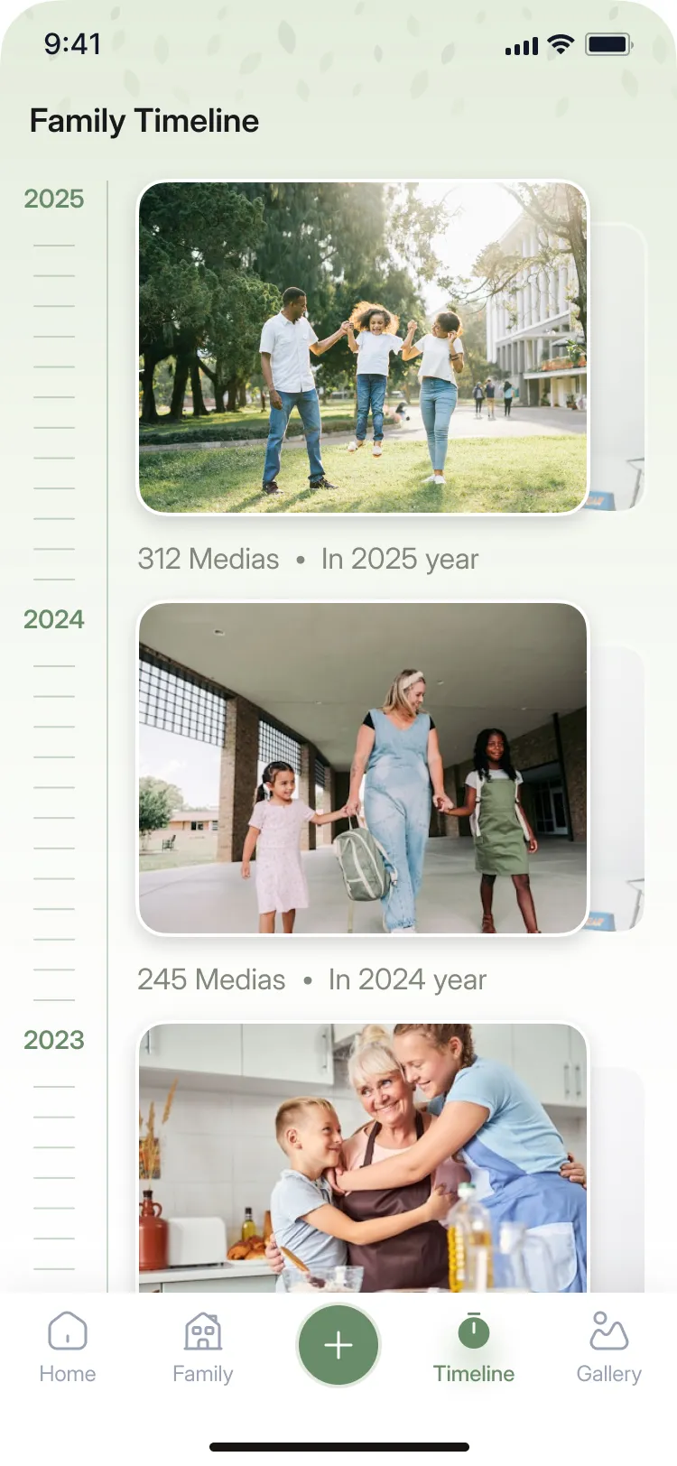 Family timeline app showing photos of families in 2025, 2024, and 2023 with media counts.