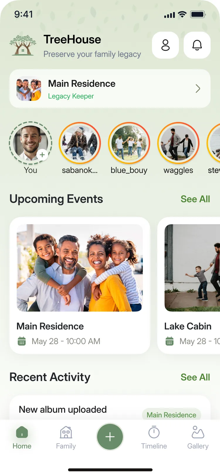 TreeHouse app screen showing family profiles, upcoming events like Main Residence on May 28, and navigation menu.