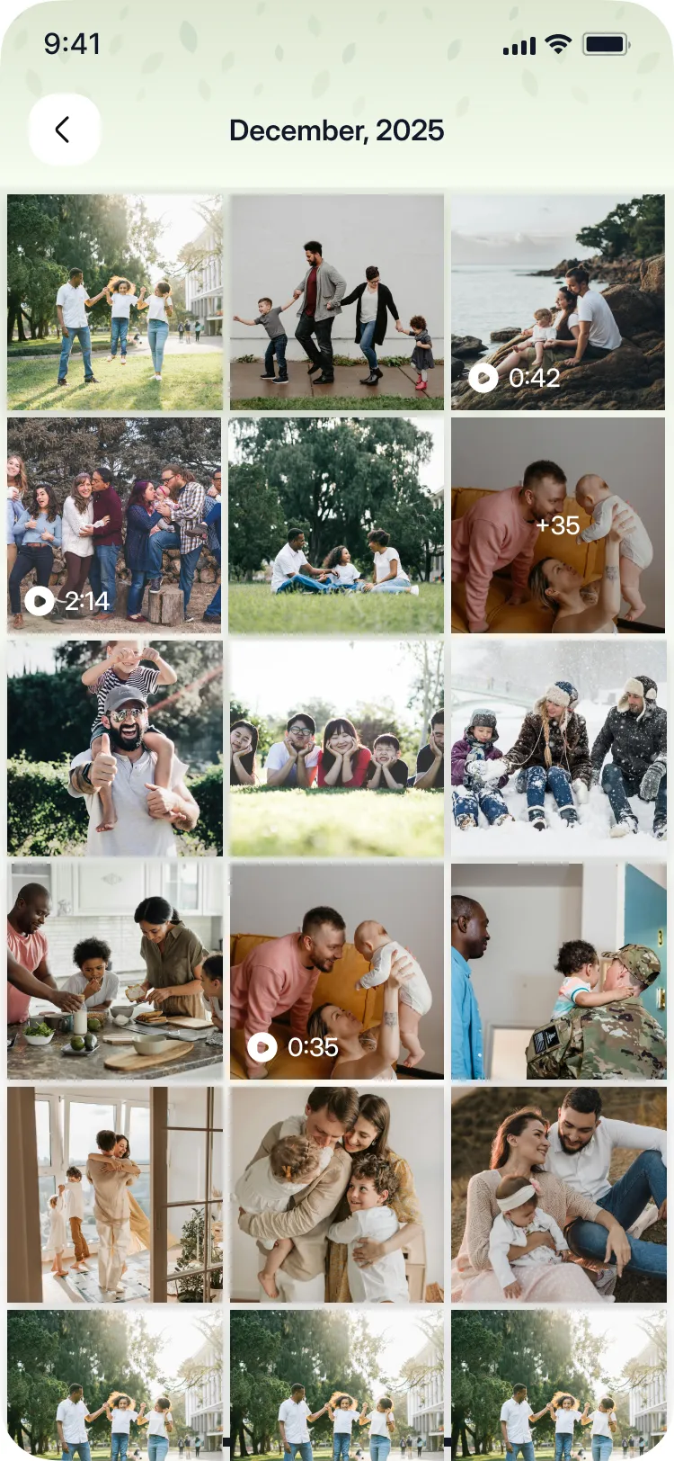 Mobile screen showing family photos and videos of diverse joyful moments in December 2025.