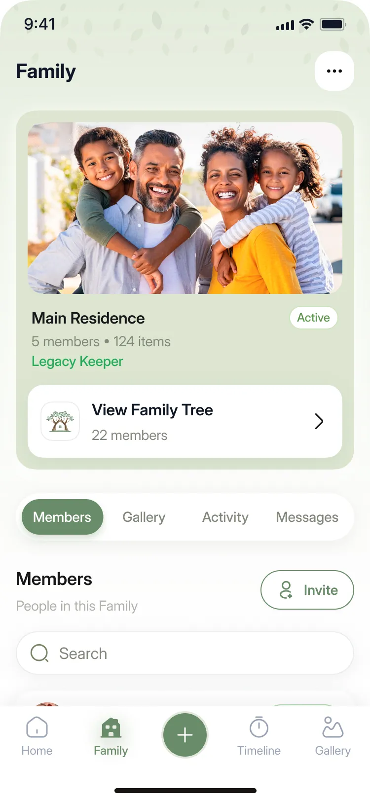 Mobile app screen showing a family group with two adults and two children smiling outdoors.