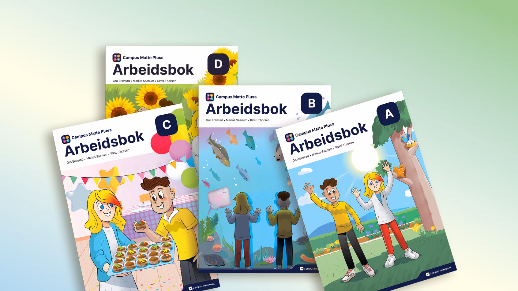 Bilde av forsider av Campus Matte Pluss-arbeidsbøker.