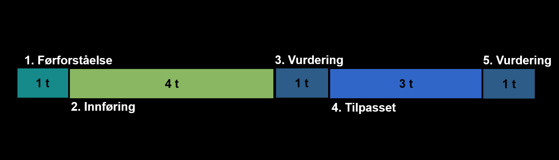 Illustrasjon av fem faser: 1. Førforståelse, 2. Innføring, 3. Vurdering, 4. Tilpasset, 5. Vurdering.