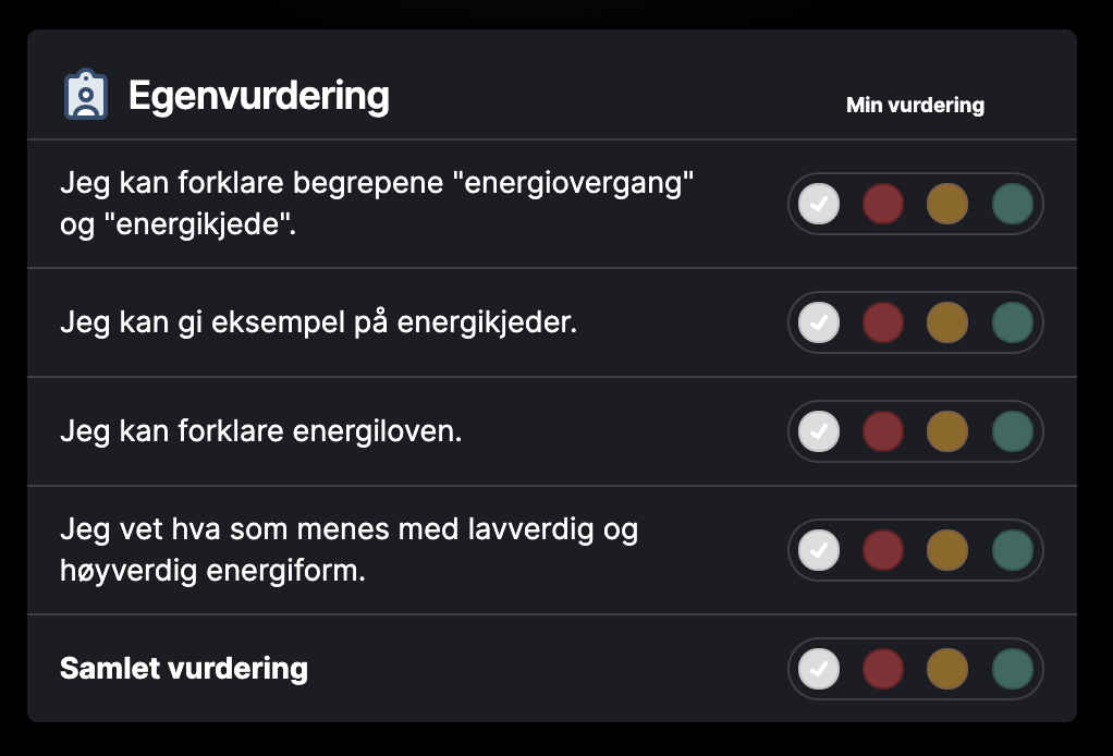 Skjermbilde fra egenvurdering i Campus Naturfag