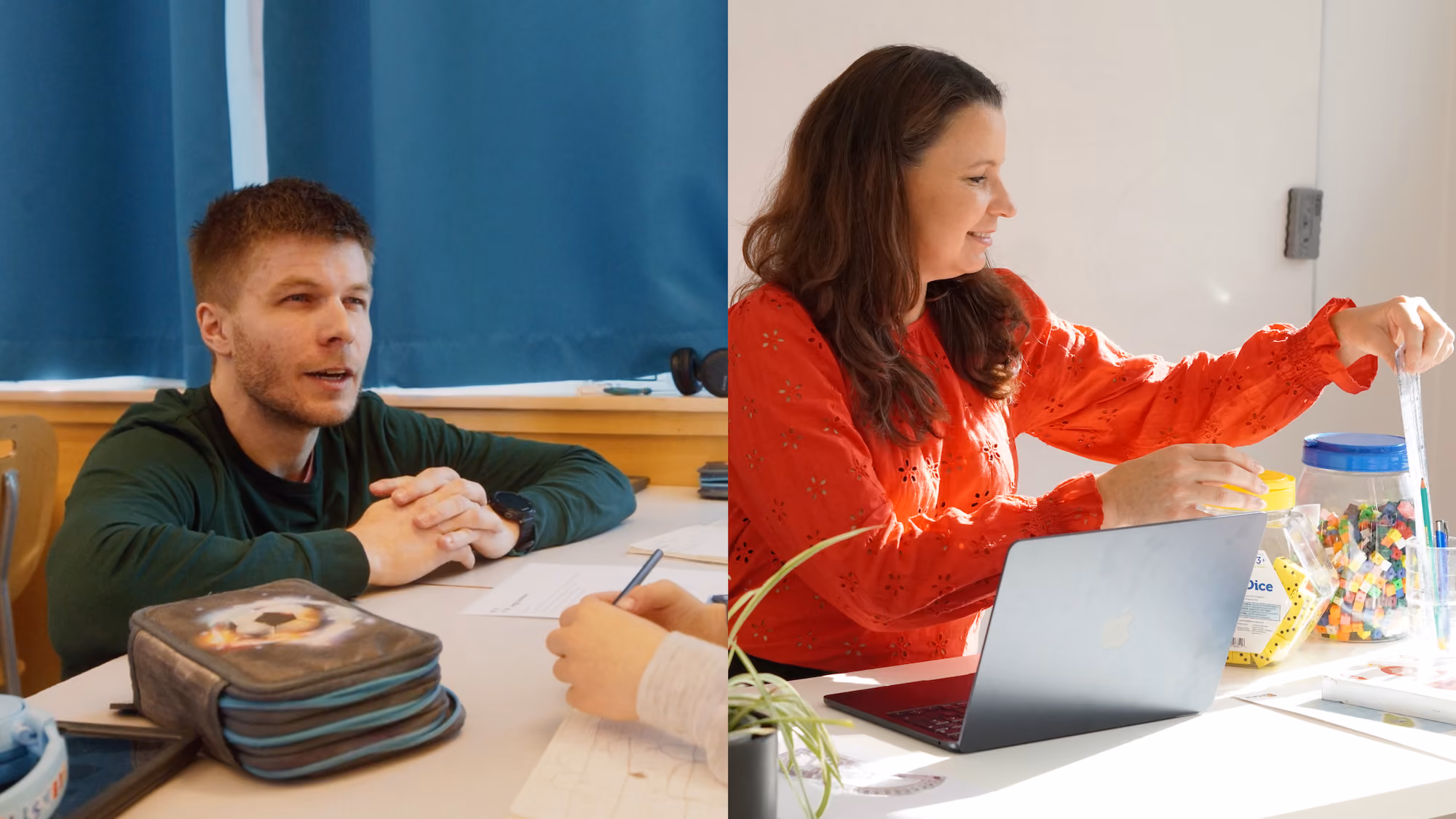 Bilde av Marius Saanum og Kirsti Thorsen i klasserommet.