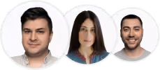 Portraits of three people with light skin tones against a white background: a man with short dark hair and a neutral expression on the left, a woman with long straight dark hair and a slight smile in the center, and a man with short dark hair and a beard smiling on the right.