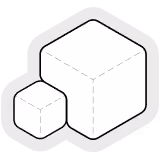 Two outlined cubes, one larger and one smaller, positioned adjacent to each other in a minimalistic style.
