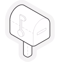 Line drawing of a mailbox with a lowered flag and a visible mail slot on a post.