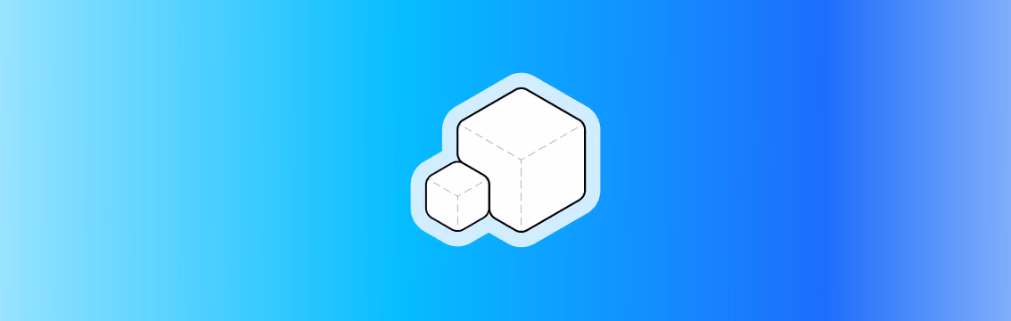 White outlined icon of two 3D cubes, one larger and one smaller, on a blue gradient background.