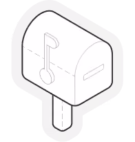 Simple line drawing of a mailbox with a curved top, a lowered flag on the side, mounted on a post.