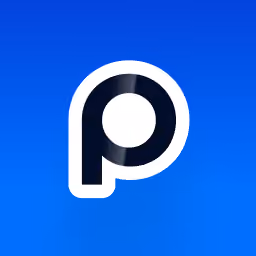 Stylized letter P logo with a white circle in the upper part on a blue gradient background.