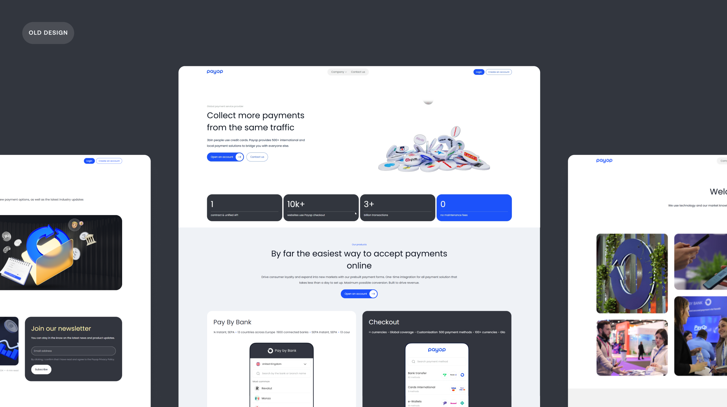 Website homepage for Payop's old design showing payment service features including over 10,000 websites using Payop checkout, 3+ billion transactions, and no maintenance fees, with options to open an account or contact. The page highlights easy online payments, pay by bank, and checkout methods alongside several images of logos and people interacting at an event.