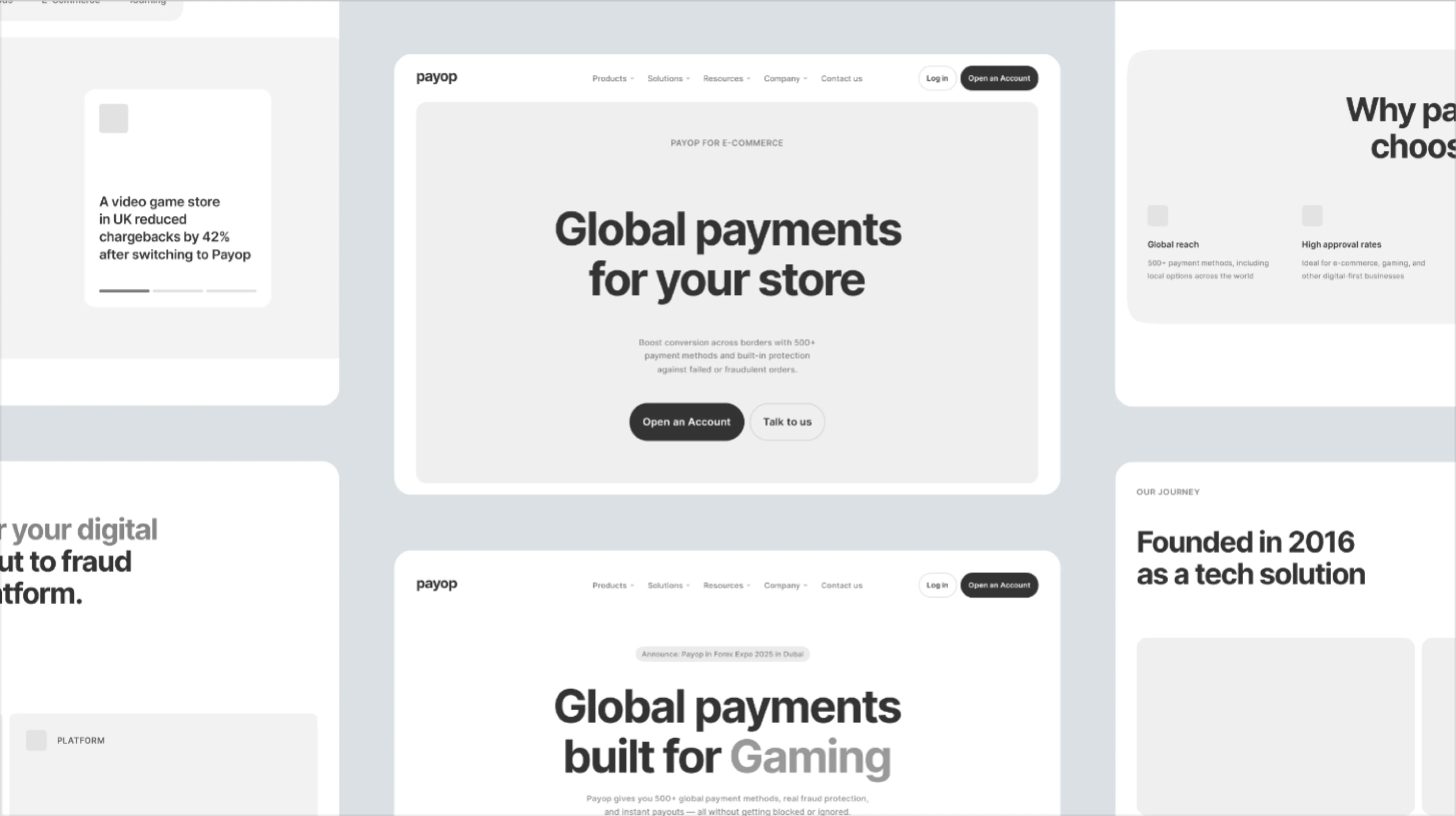 Screenshots of Payop website showing features like global payments for stores and gaming, reduced chargebacks for a UK video game store by 42%, company founded in 2016, and reasons to choose Payop including global reach and high approval rates.
