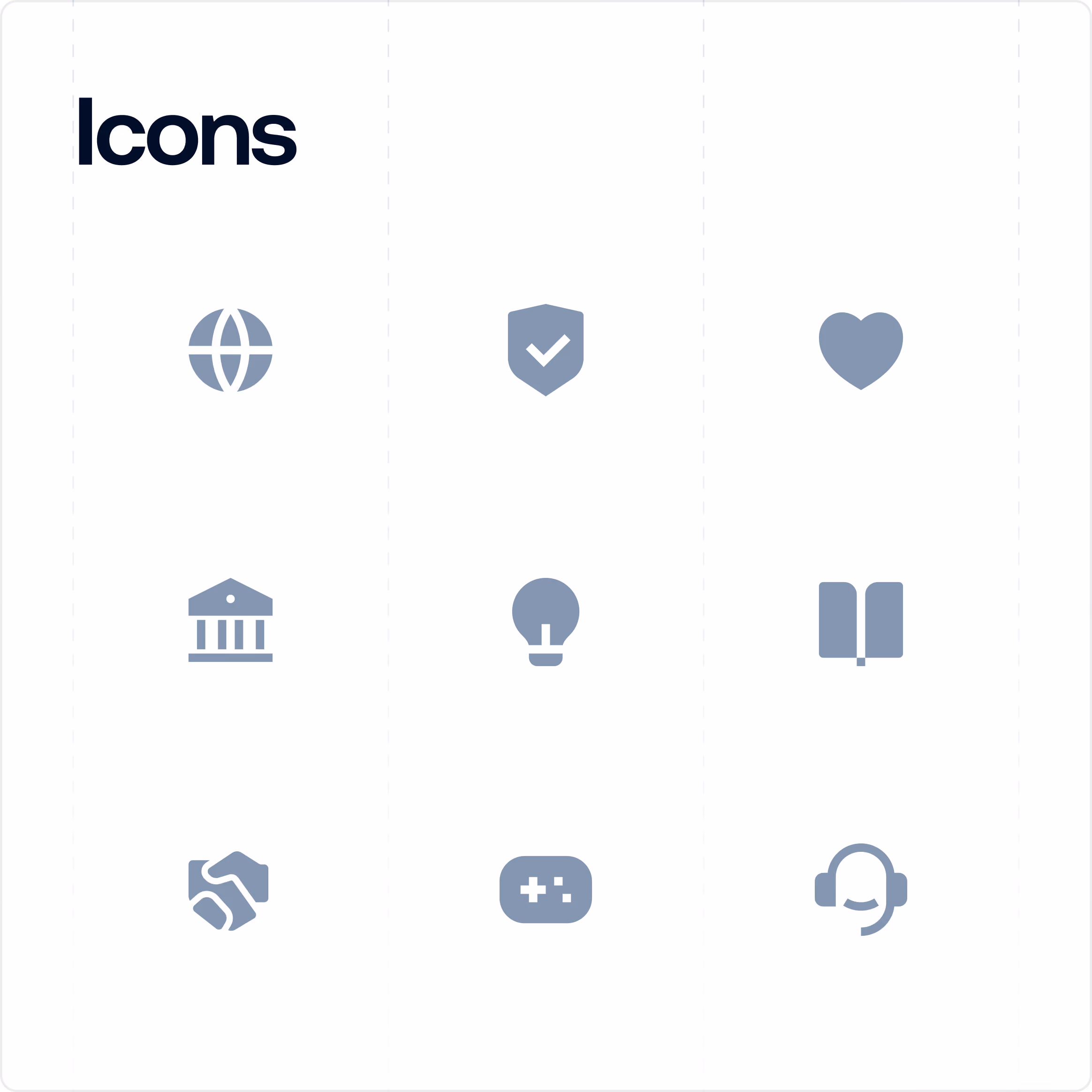 Grid of nine blue icons on a white background labeled 'Icons': a globe, shield with check mark, heart, government building, light bulb, book, handshake, game controller, and headset with microphone.
