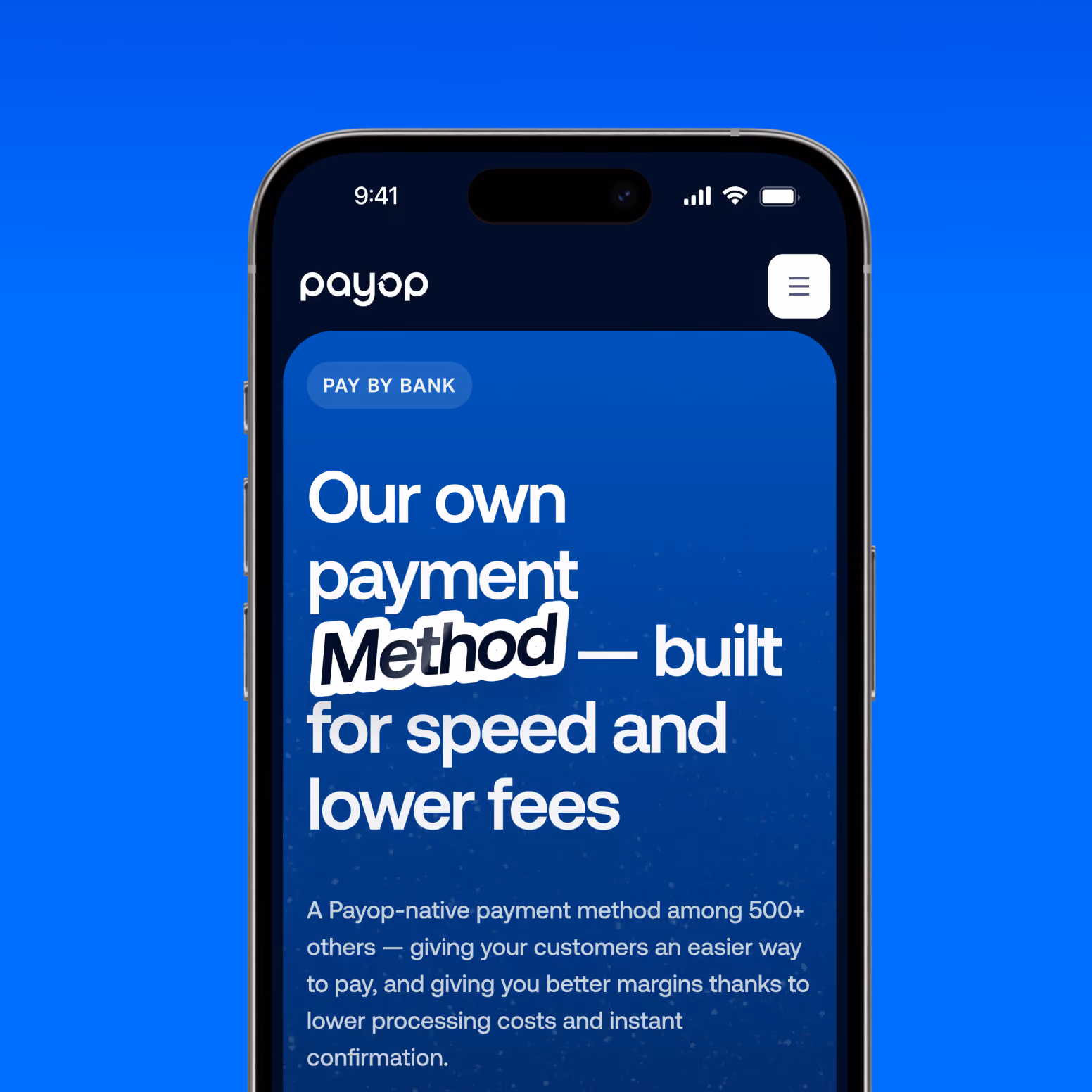 Smartphone screen showing Payop app with text highlighting its own payment method designed for speed and lower fees, offering better margins and instant confirmation.