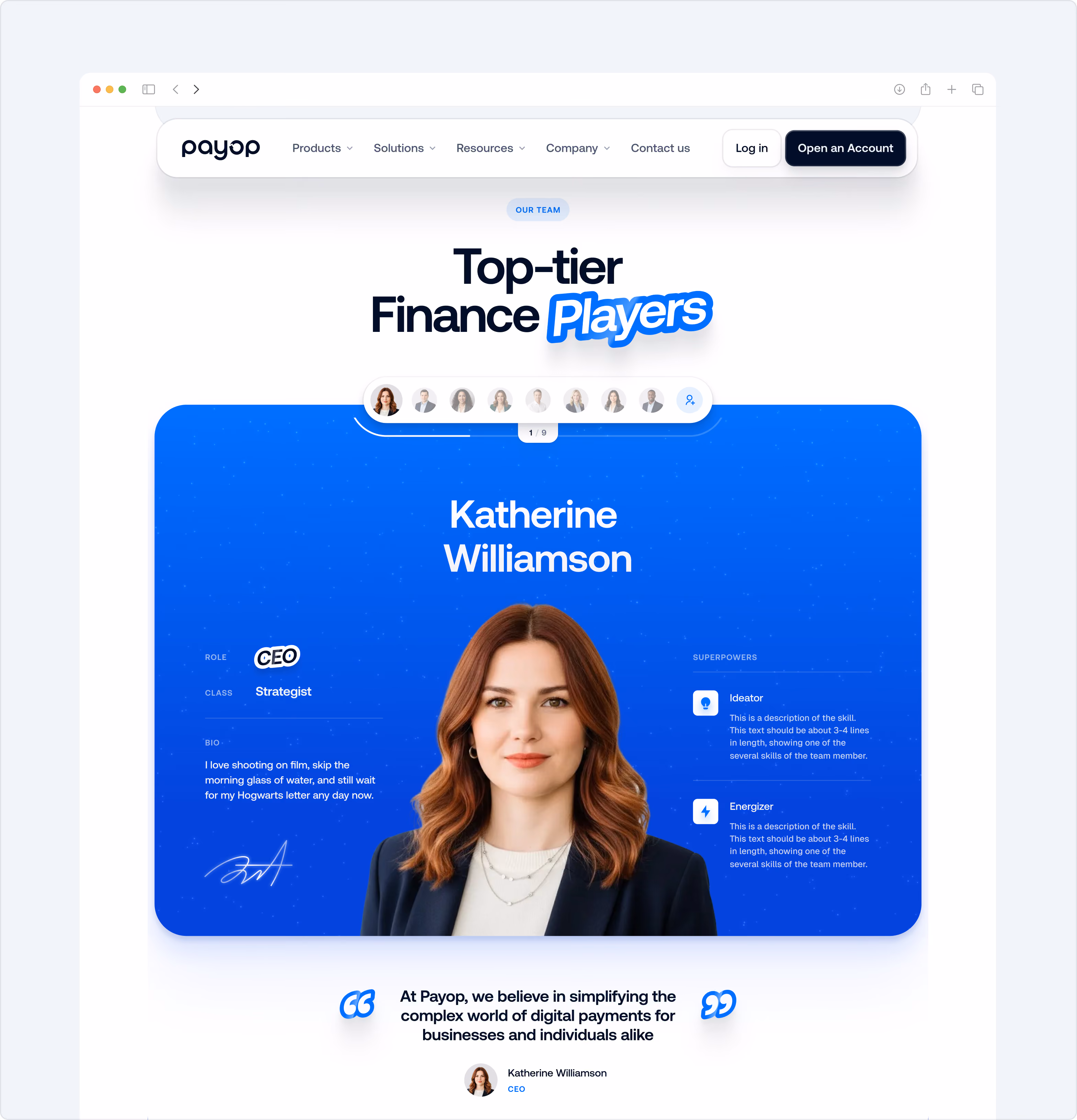 Website team page for Payop showing profile of Katherine Williamson, CEO and Strategist, with a headshot, bio, and listed superpowers ideator and energizer. The page header reads 'Top-tier Finance Players' with navigation options and a quote about simplifying digital payments.