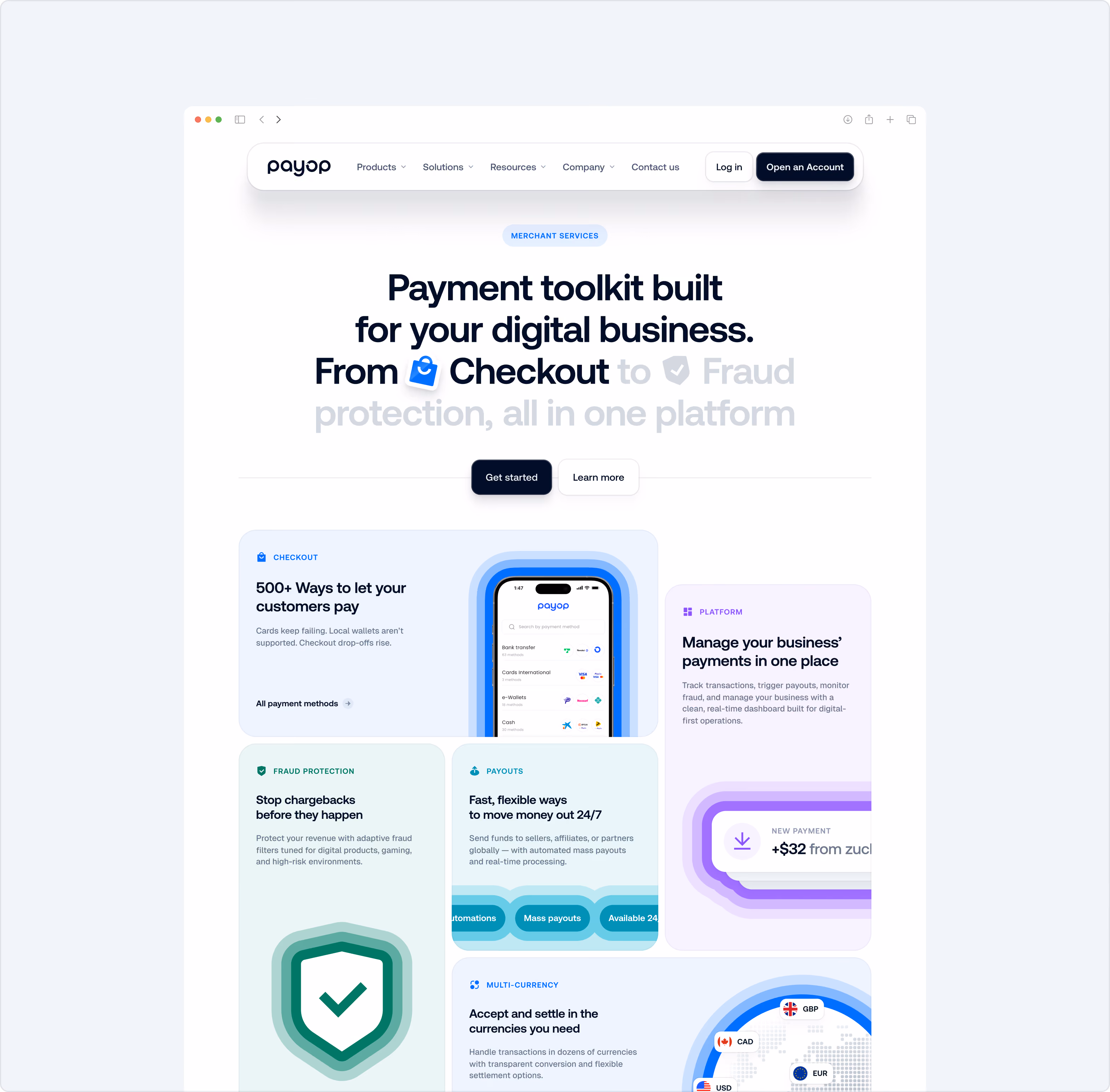 Webpage screenshot of Payop payment platform showcasing a payment toolkit for digital businesses with sections highlighting 500+ payment methods, fraud protection, fast 24/7 payouts, business payment management, multi-currency support, and a mobile app interface.
