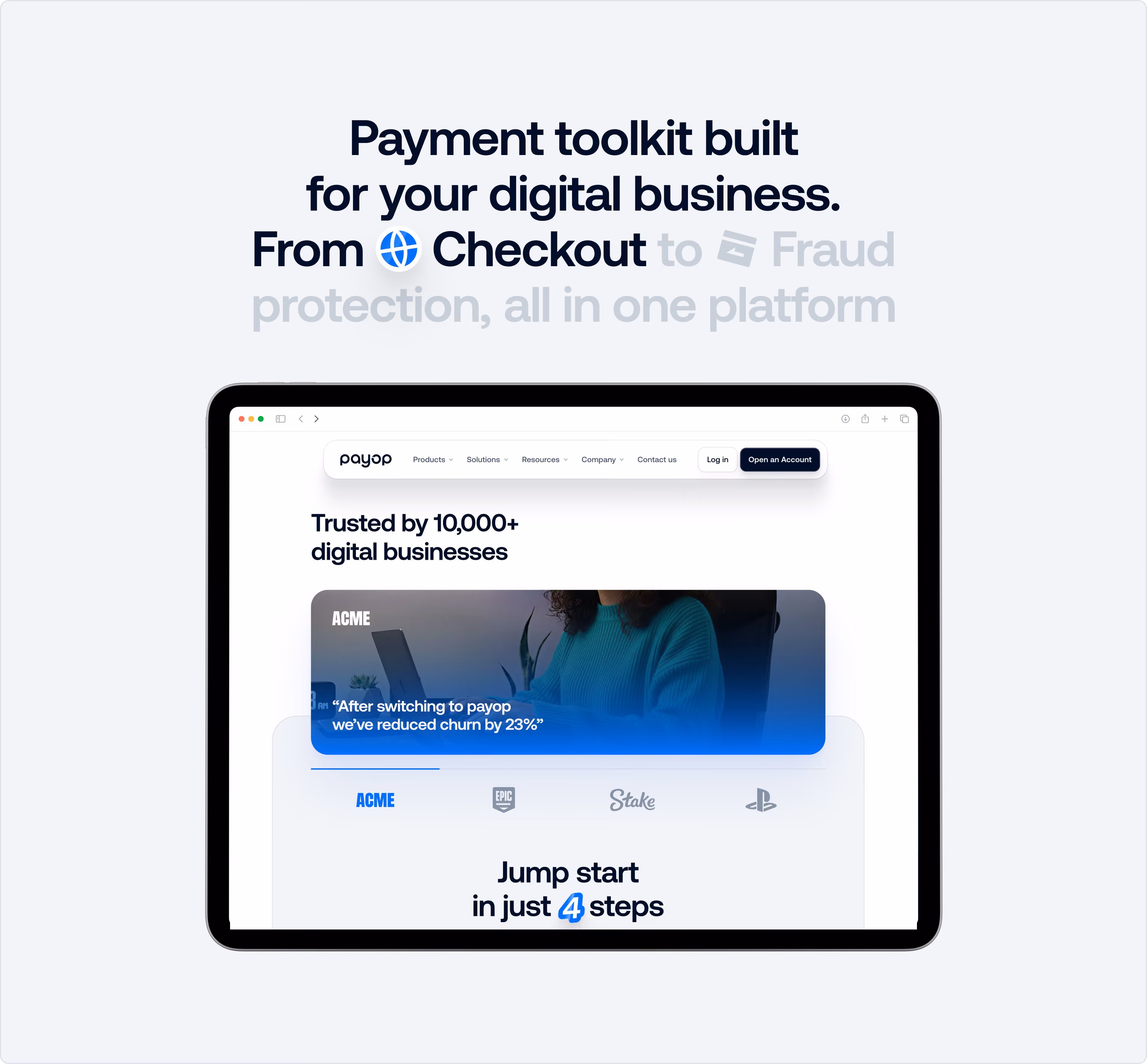 Tablet screen showing a payment platform website with headline 'Payment toolkit built for your digital business. From Checkout to Fraud protection, all in one platform.' The site highlights trust by 10,000+ digital businesses and features a testimonial about reducing churn by 23% after switching. It also mentions jump starting in just 4 steps with logos of ACME, Epic Games, Stake, and PlayStation.