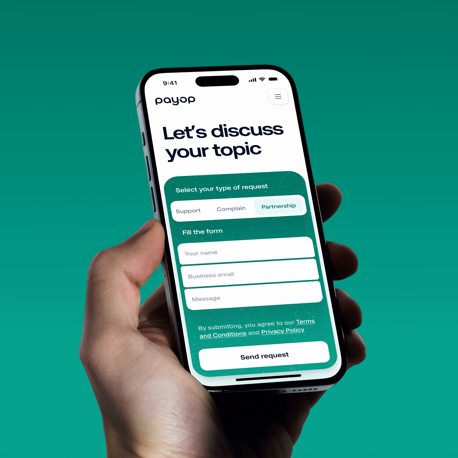 Hand holding a smartphone displaying a contact form on a green background with the header 'Let's discuss your topic', options to select request type, fields for name, business email, message, and a 'Send request' button.