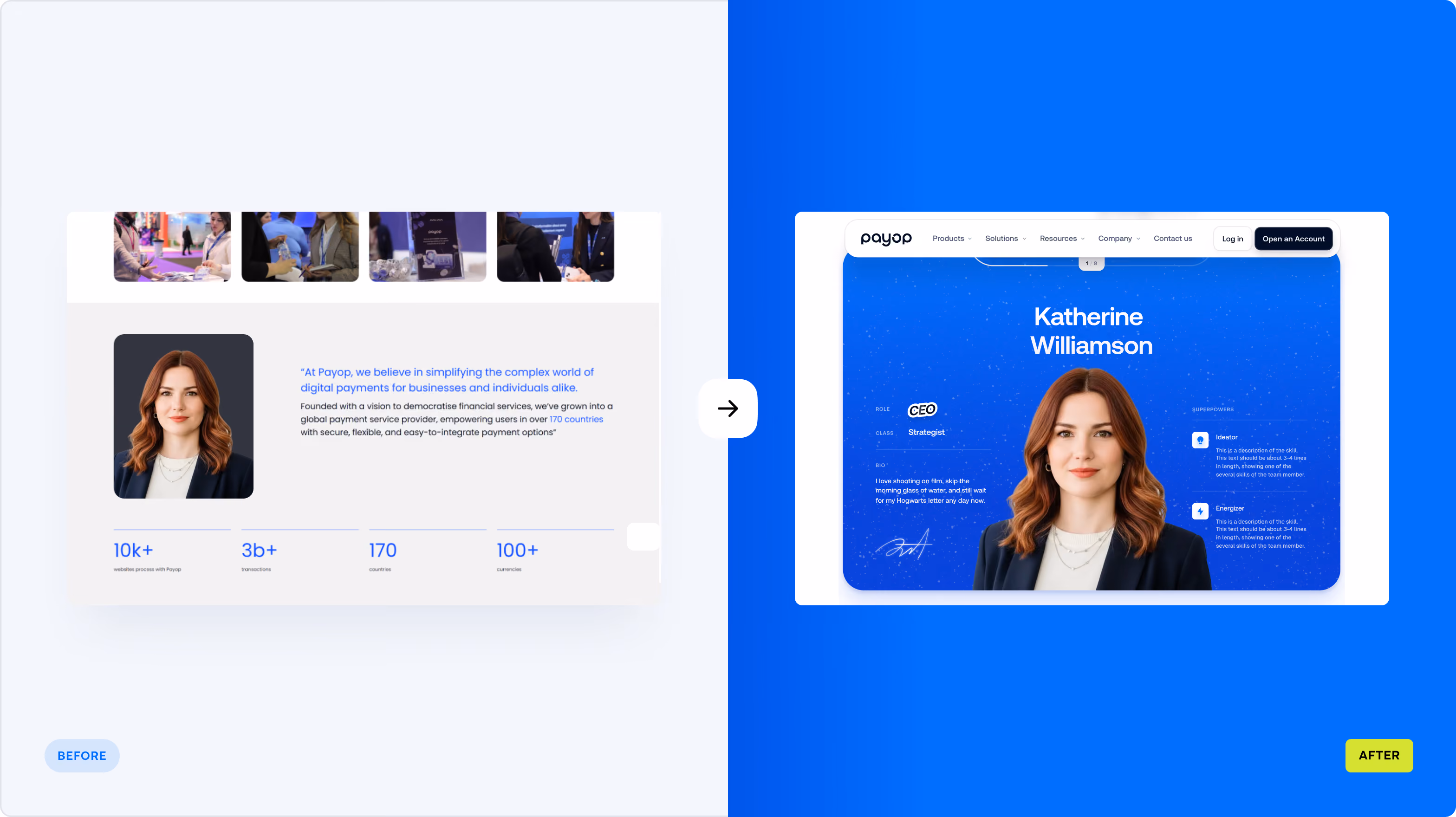 Side-by-side comparison of a website redesign for PayOp with a before version on the left showing a simple profile page of a woman with statistics and a brief company description, and an after version on the right featuring a modern profile page for Katherine Williamson with a blue background, company logo, navigation menu, and detailed role description.