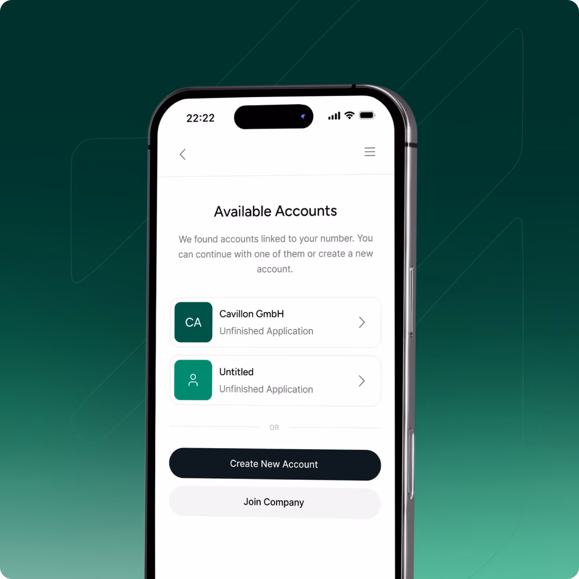 Smartphone screen showing a mobile app interface with the title Available Accounts, listing two unfinished application accounts named Cavillon GmbH and Untitled, with options to create a new account or join a company below.